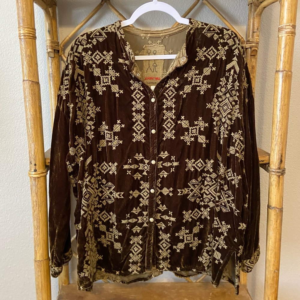 Johnny Was Velvet Embroidered Button Down Blouse
